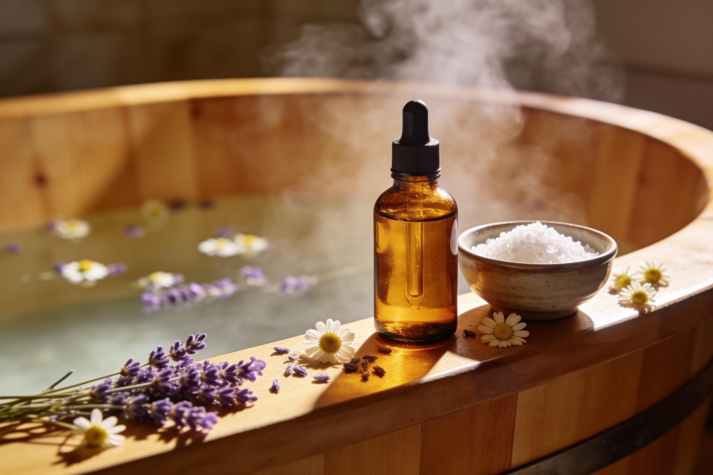 An amber apothecary bottle and a bowl of bath salt with dried flowers beside a steaming bath