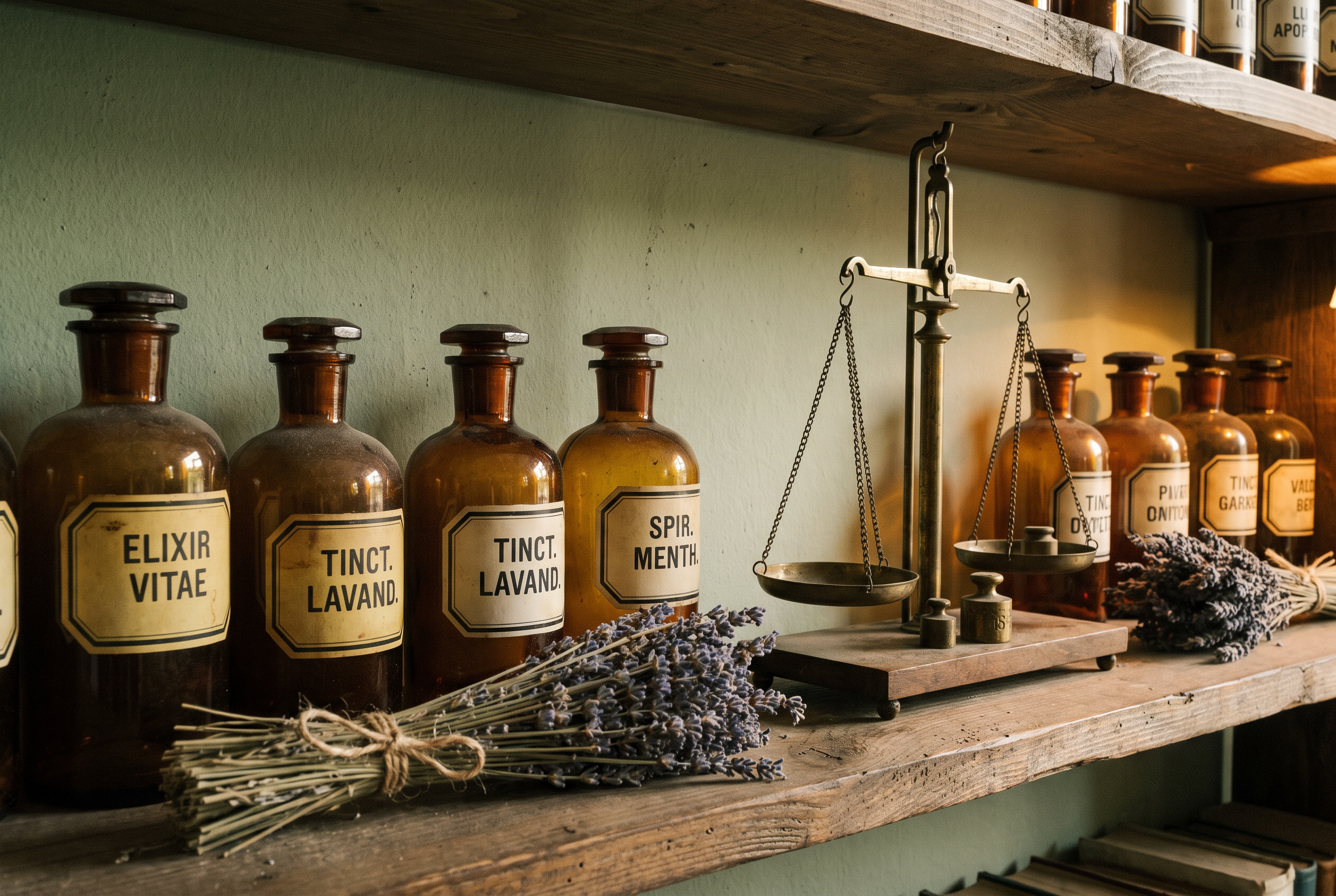 A painterly still life of amber apothecary bottles, dried herbs and a brass mortar and pestle