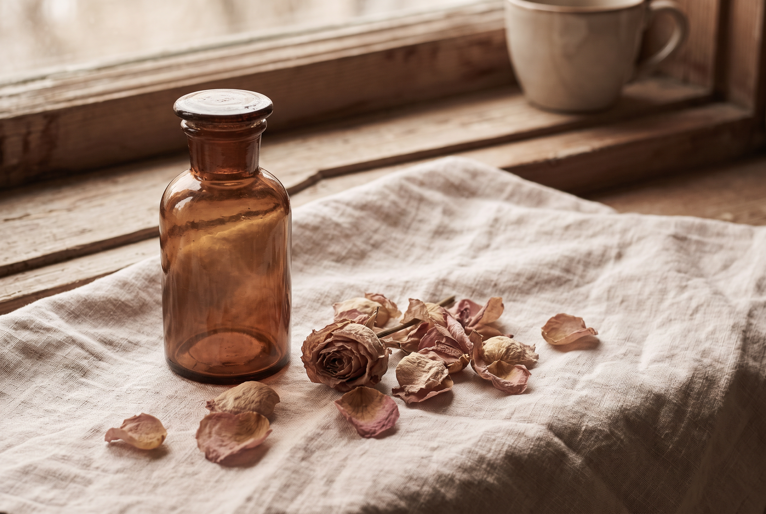 An amber oil bottle, lit candle and ceramic diffuser on a windowsill at dusk