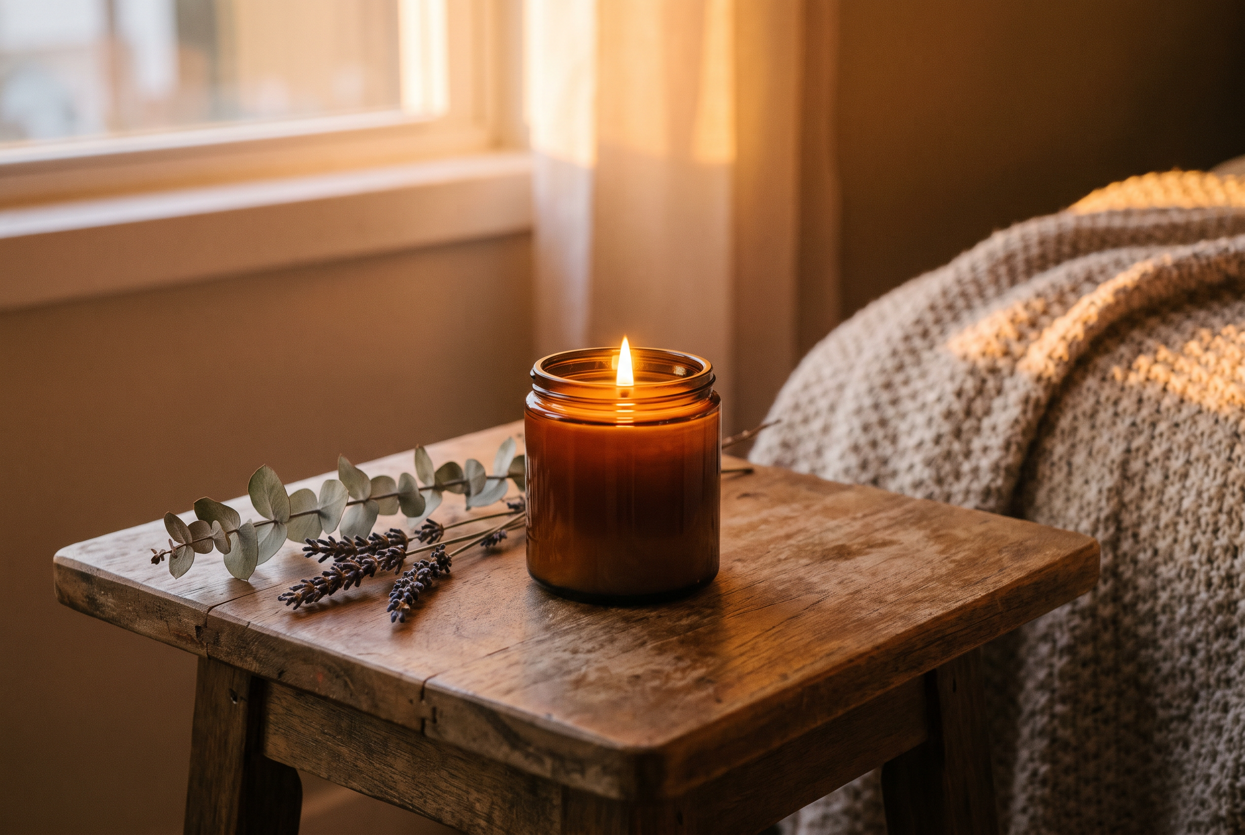 A lit candle beside an amber oil bottle and a ceramic diffuser on a windowsill