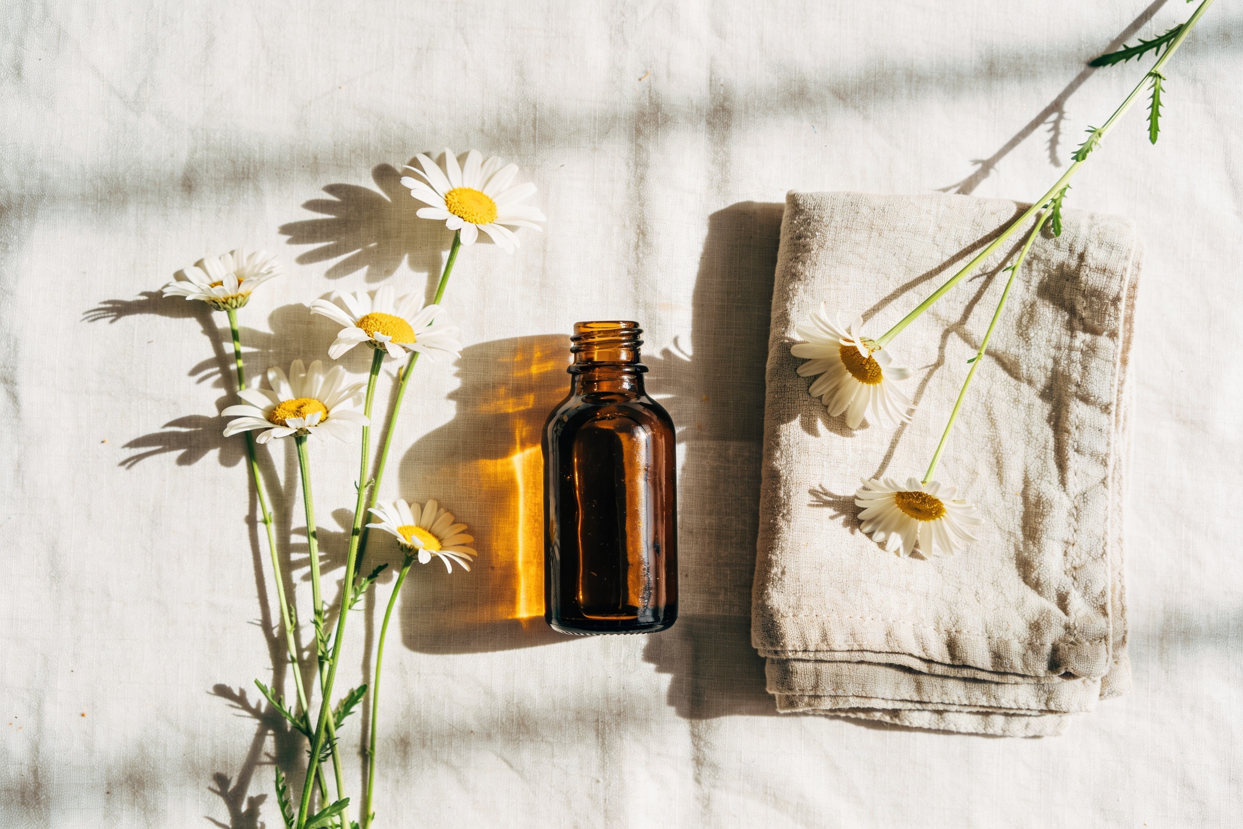 An amber oil bottle with chamomile flowers and a folded muslin cloth in soft daylight
