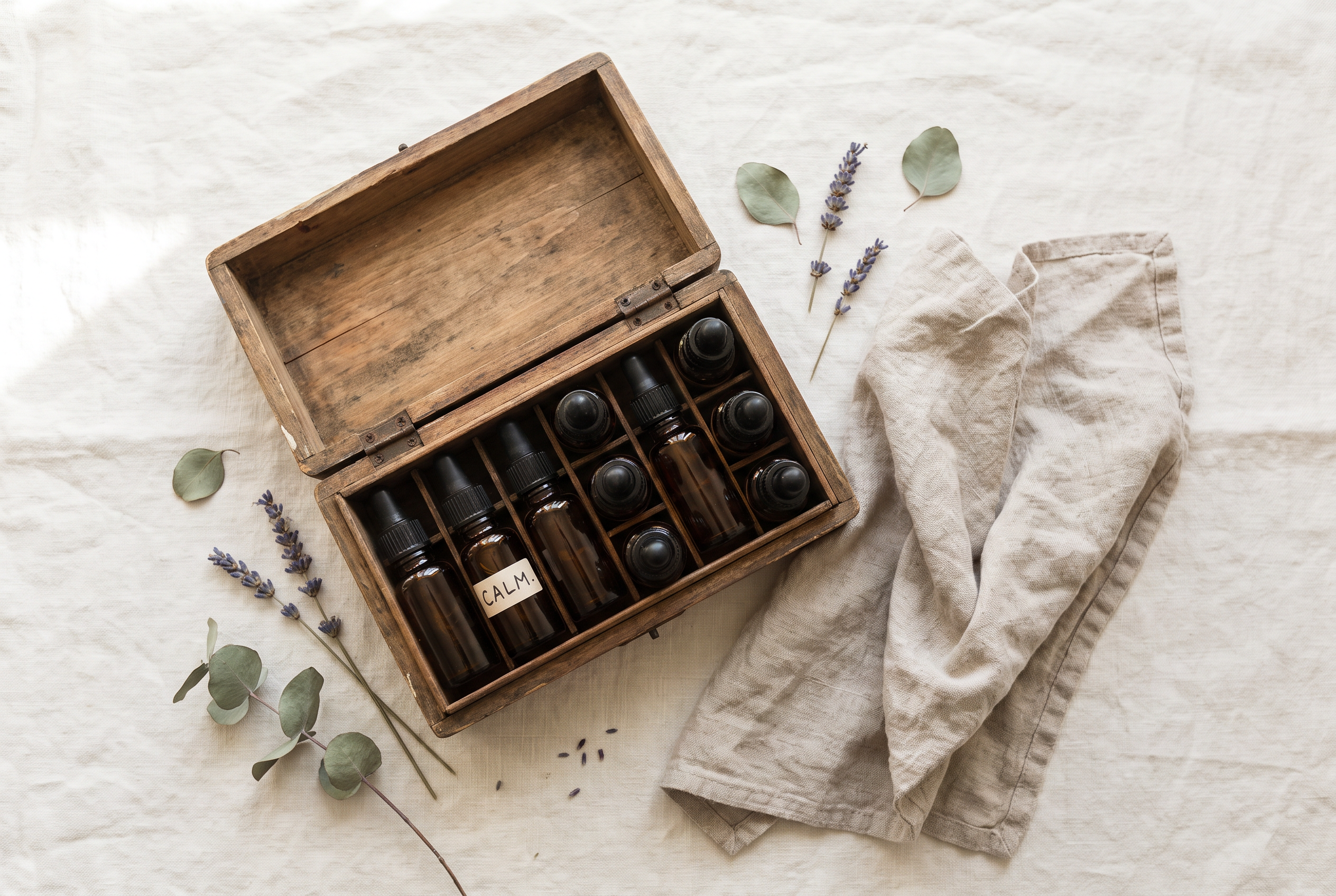 A wooden box of amber essential-oil bottles with lavender and eucalyptus on linen