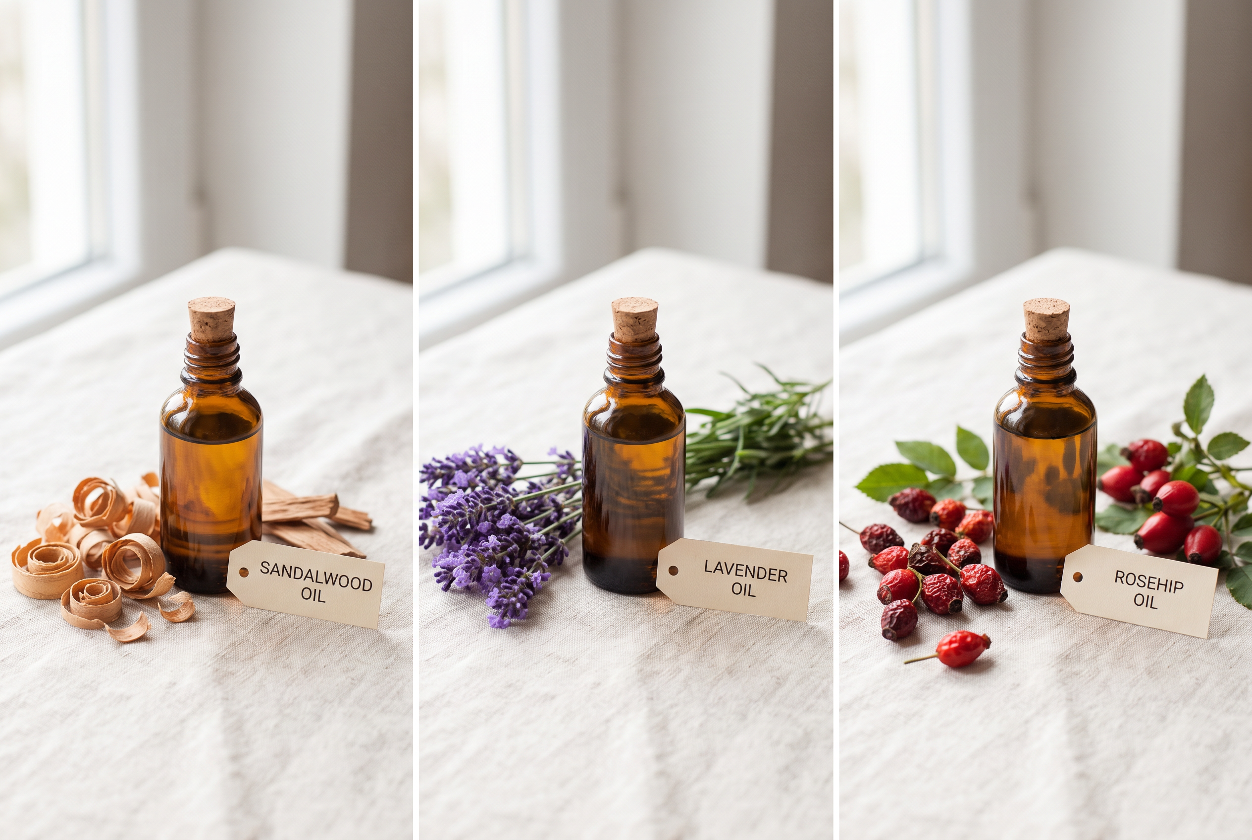 Three amber oil bottles labelled sandalwood, lavender and rosehip with their botanicals