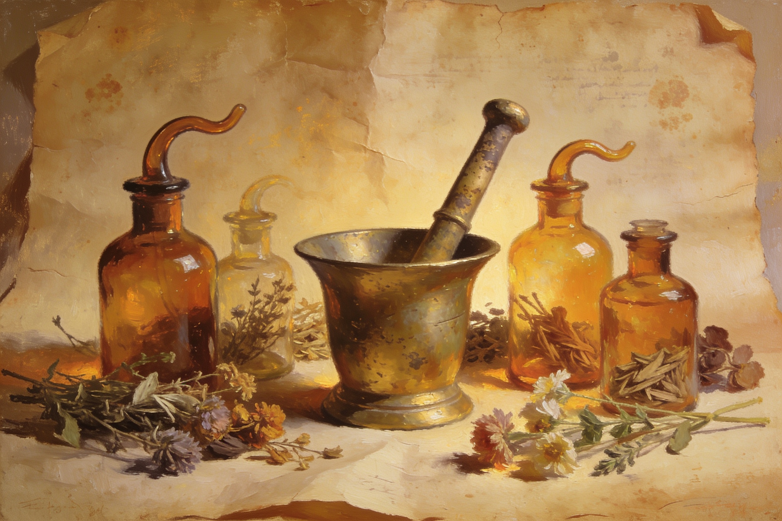 A painterly still life of amber apothecary bottles, dried herbs and a brass mortar and pestle