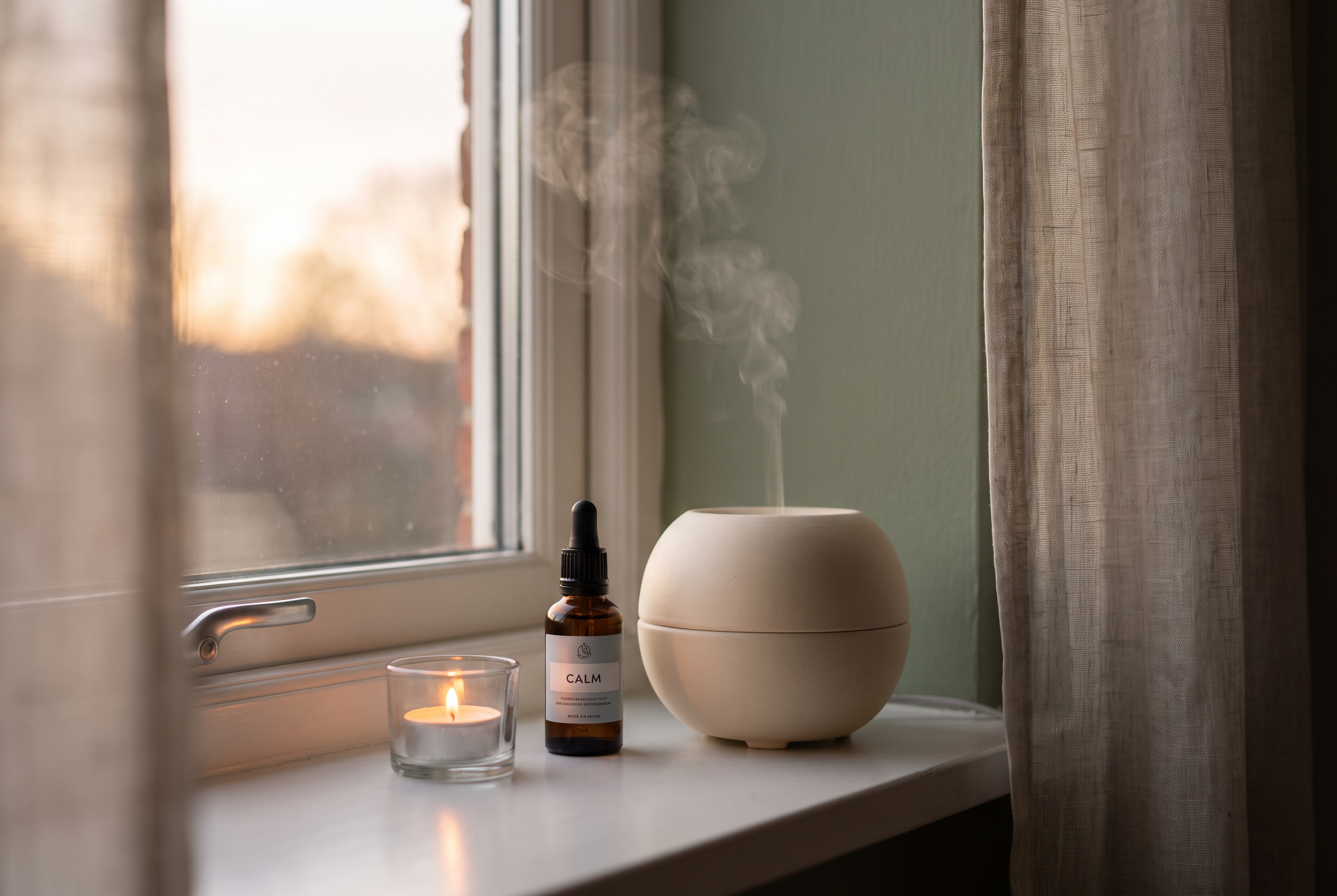 An amber oil bottle, lit candle and ceramic diffuser on a windowsill at dusk