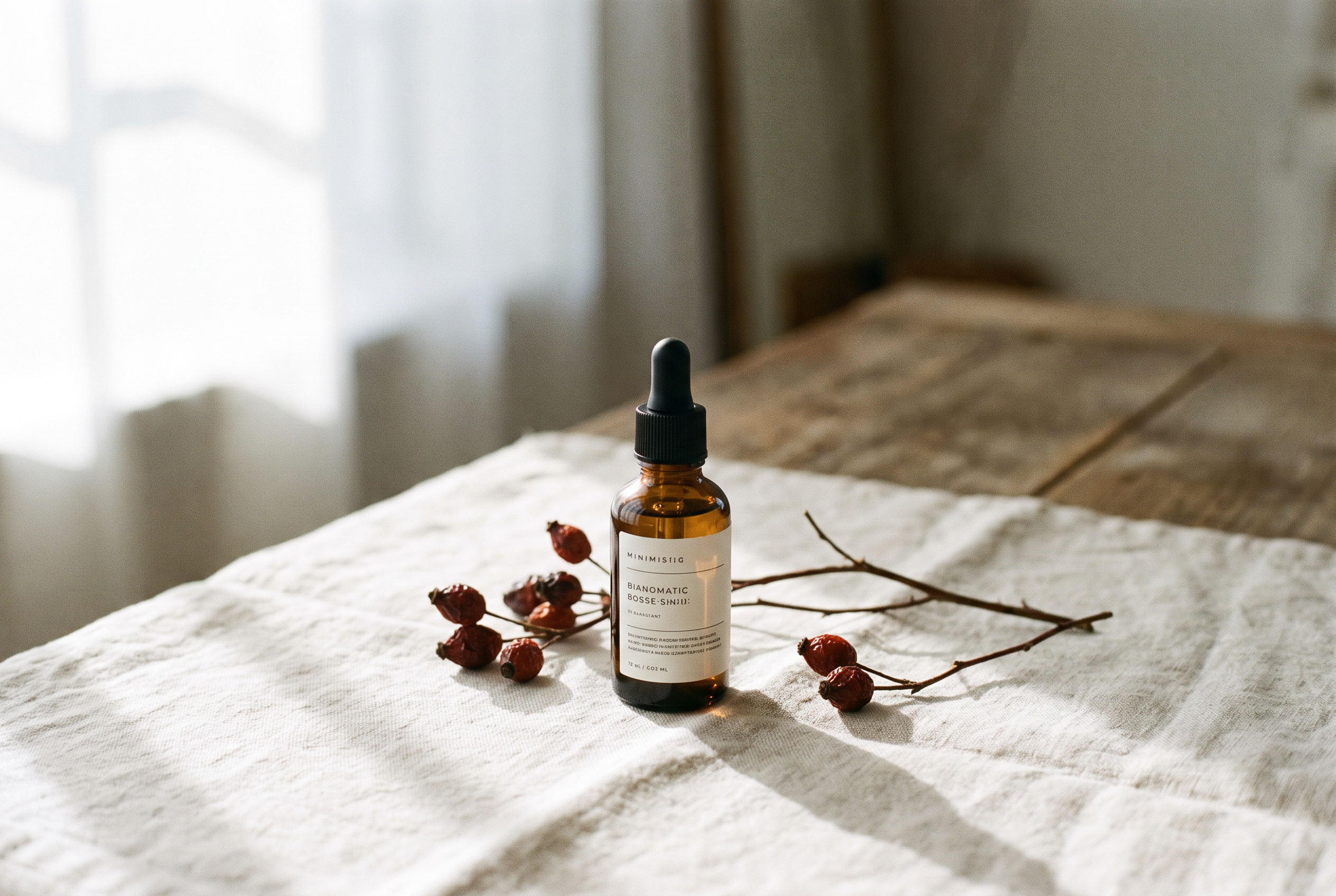 An amber bottle of rosehip oil with fresh red rosehips on a branch beside it