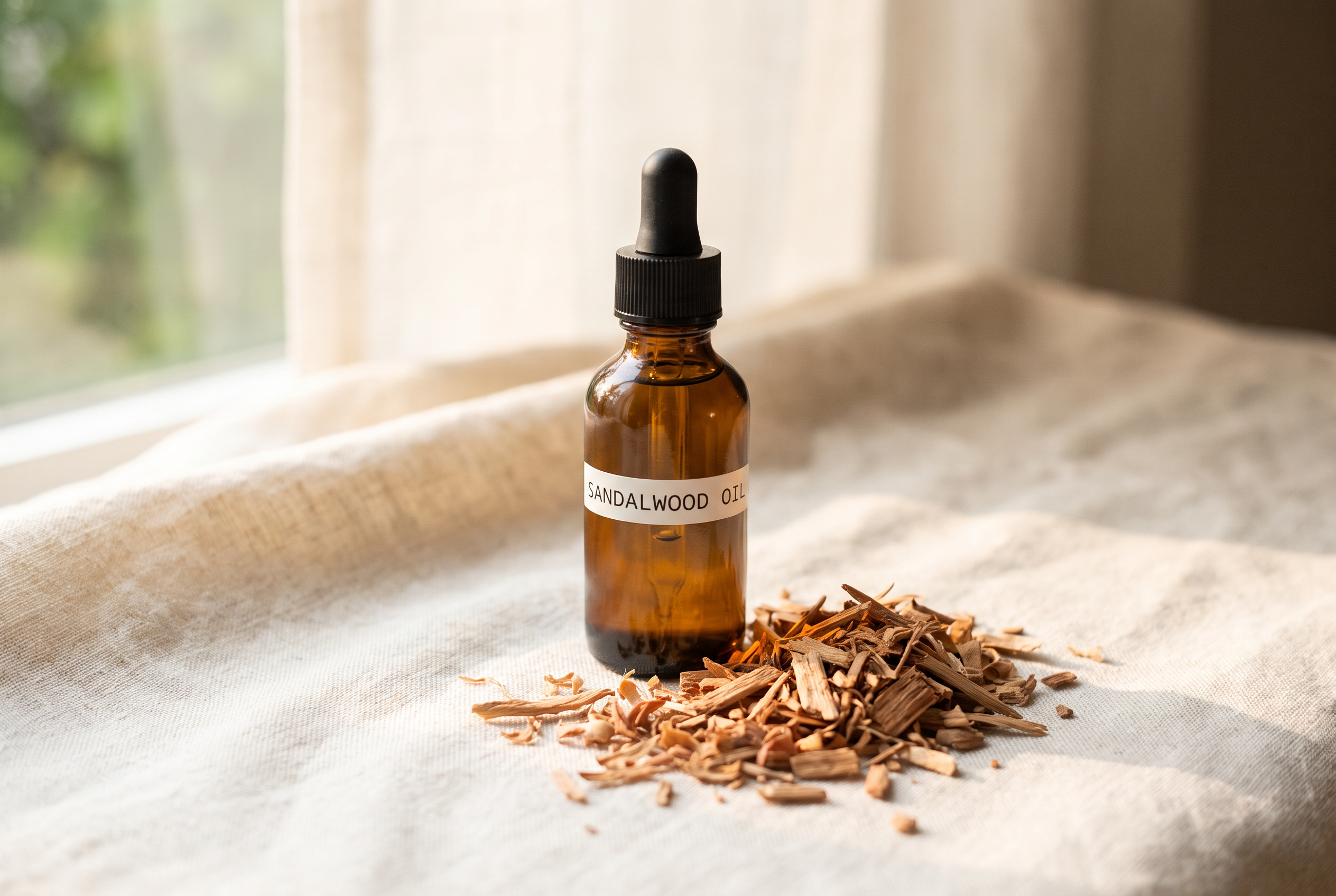 An amber bottle of sandalwood oil beside a small pile of sandalwood shavings on linen