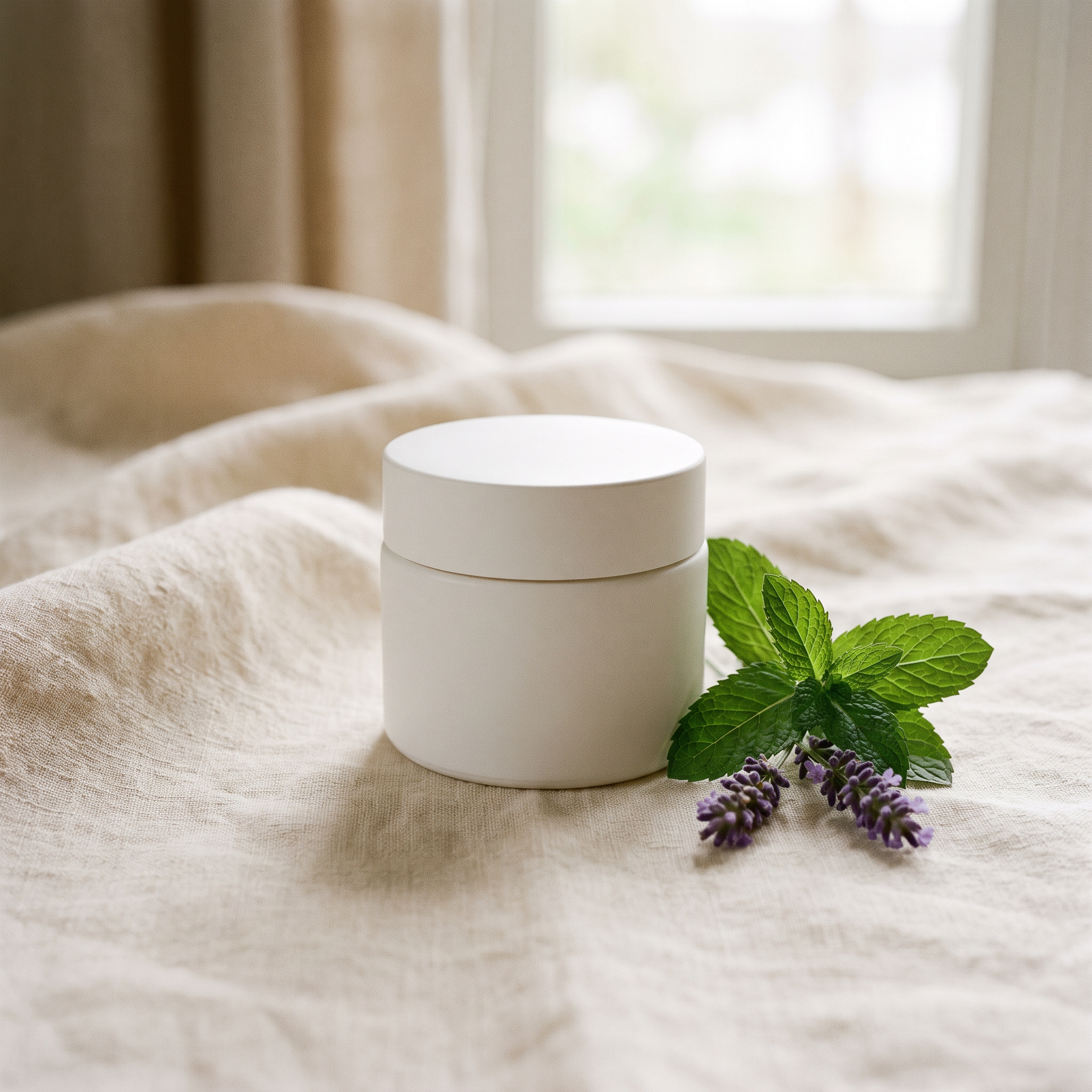 A white cosmetic jar beside sprigs of mint and lavender on linen