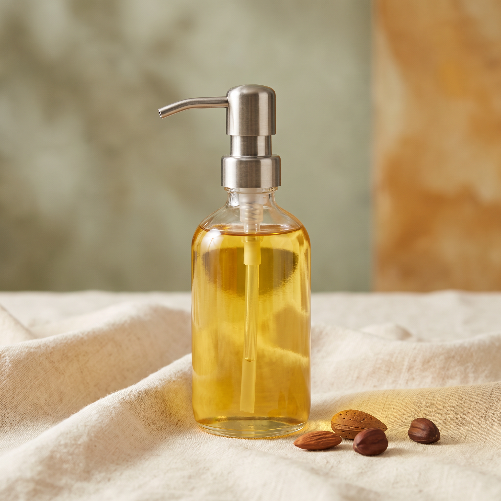 A bottle of golden carrier oil with a pump top, beside whole almonds on linen