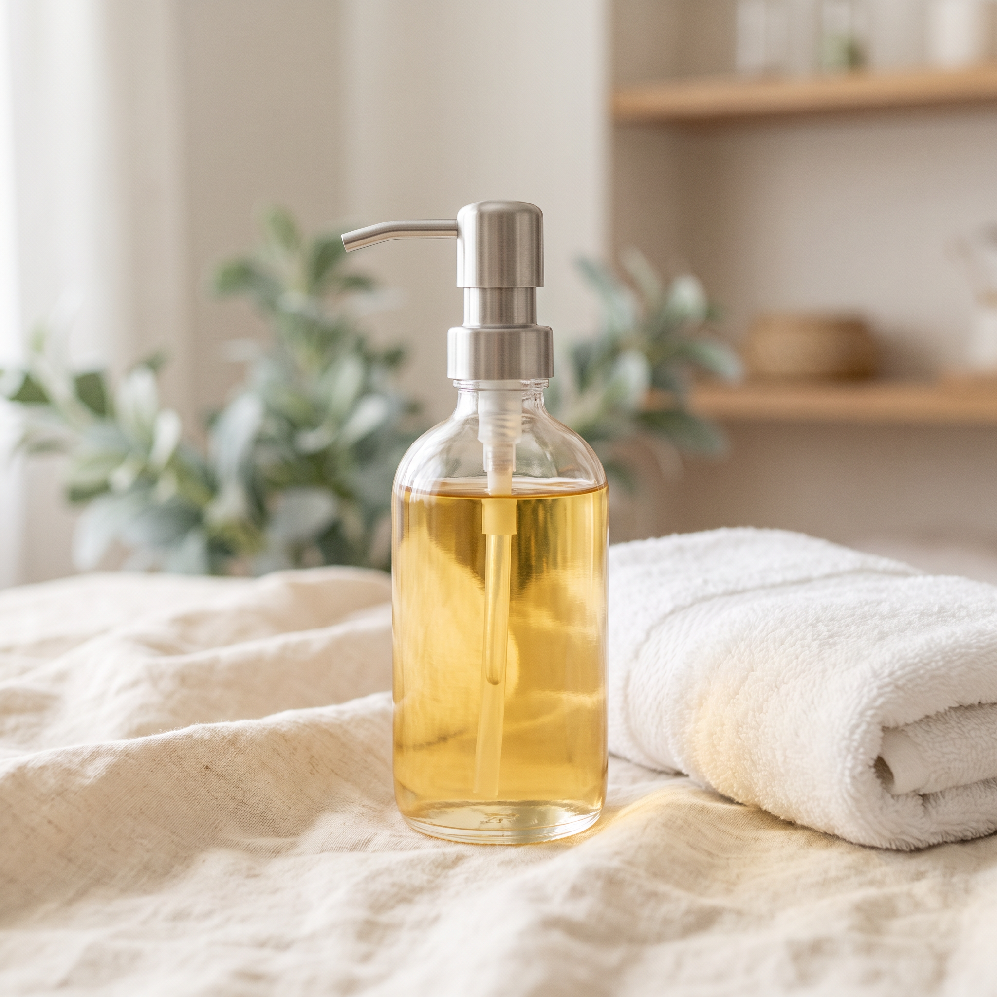 A pump bottle of golden massage oil beside a rolled white towel